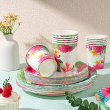 Tropical Plant Pattern Disposable Tableware Set, Including 7/9 Inch Paper Plates & Paper Cups, Suitable For Birthday Party, Holiday Party, Gathering Picnic, Celebration, Wedding Tea Party, Graduation Ceremony Disposable Party Supplies