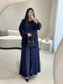 女士睡袍套装，开襟睡袍配雪纺围巾 - 轻盈、优雅、透气，适合春夏穿着，纯色优雅派对礼服 - 藏蓝色 - 查看 3