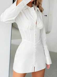 女士时尚修身纯色高端性感派对音乐节服装，女士长袖衬衫 - 白色 - 查看 4