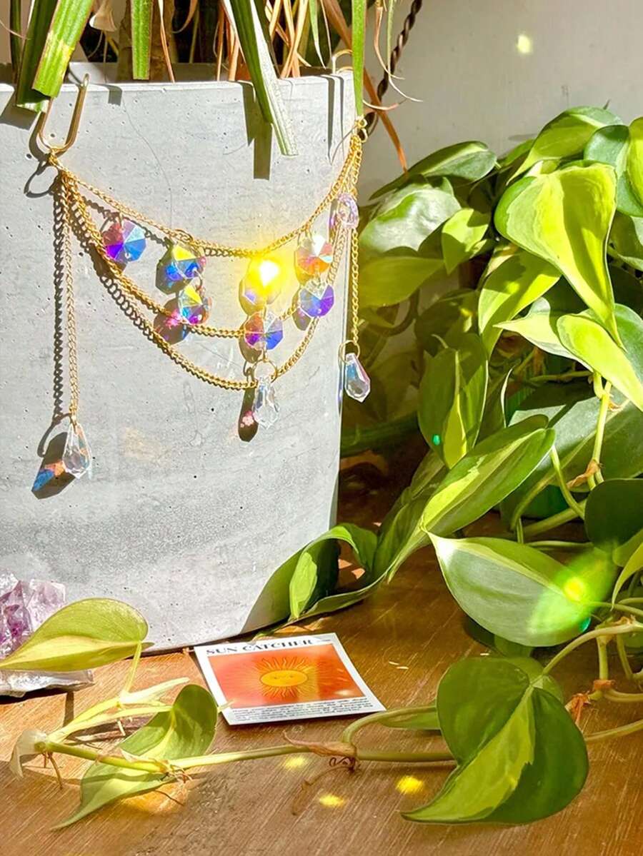 1pc Crystal Plant Pot Decor With Catch Light Chain - Artistic Decorative Glass Teardrop Pendant, Colorful Outdoor Garden Decor, Thanksgiving Gift For Friends, Home Decor