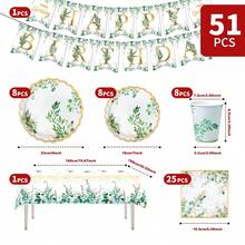 1 Set Gold Rim Eucalyptus Leaf Petal Shaped Disposable Plates, Napkins, Cups, Tablecloth And Banners, Party Supplies Set For 8 Guests, Suitable For Birthday, Wedding, Theme Party, Family Picnic - Multicolor - View 2