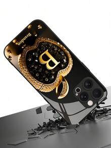 1pc Customizable Text & Letter Design Rhinestone Apple Pattern Tempered Glass Phone Case, Compatible With IPhone 17 ProMax/17 Air/15/16 Pro/14 Plus/13 Pro/12 Pro Max/11/Xs Max/8/7/6 Plus, S24 Ultra/S25 Ultra, Compatible With Redmi NOTE 13/14, Compatible With Redmi K40, Mi 11, Fashionable Business Custom Gift For Family, Colleagues, Friends - Black - View 7