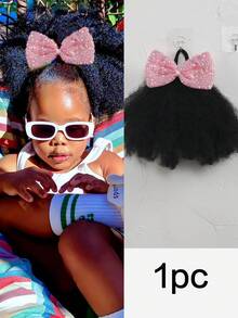 闪亮蝴蝶结发夹，蓬松卷曲的马利辫马尾辫，带松紧带，柔软发丝，适合儿童，1个装 - 黑色 - 查看 6