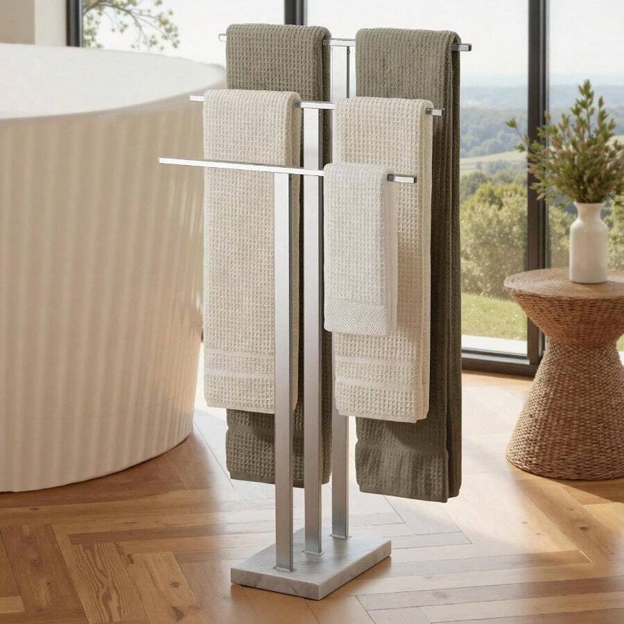 Standing Towel Rack 3-Tier With Heavy Marble Base Free Standing Towel Racks For Bathroom Floor SUS304 Stainl Steel Brushed Finish BTH217S3-2 - 拉絲飾面 - 查看 1