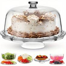 6-In-1 Multifunctional Cake Stand With Dome Lid, Multi-Use Serving Plate For Cake, Fruit, Salad, Chips, Sauce And Dessert, All-In-One Tableware For Wedding Dessert Table & Home Party - Transparent - View 3