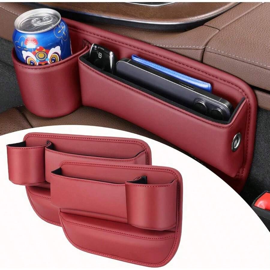Car Leather Cup Holder Gap Bag Car Seat Gap Organizer Storage Box Pocket Multifunction Universal Wallet Keys Card Cup Phone Holder Auto Interior Accessories - Paquete de 2 rojos - Ver 1