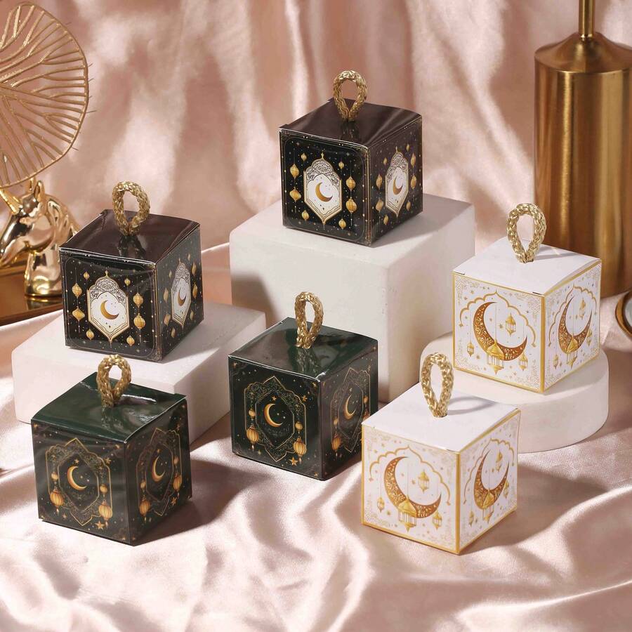 10sets/Pack (Including Ribbons) Eid Al-Adha, Eid Mubarak Sacrifice Festival Arabic Holiday EID Gift Bags, Crescent Moon Castle Candy Boxes, Middle East Holiday Party Gift Boxes - 5.5x5.5x5.5cm - View 1