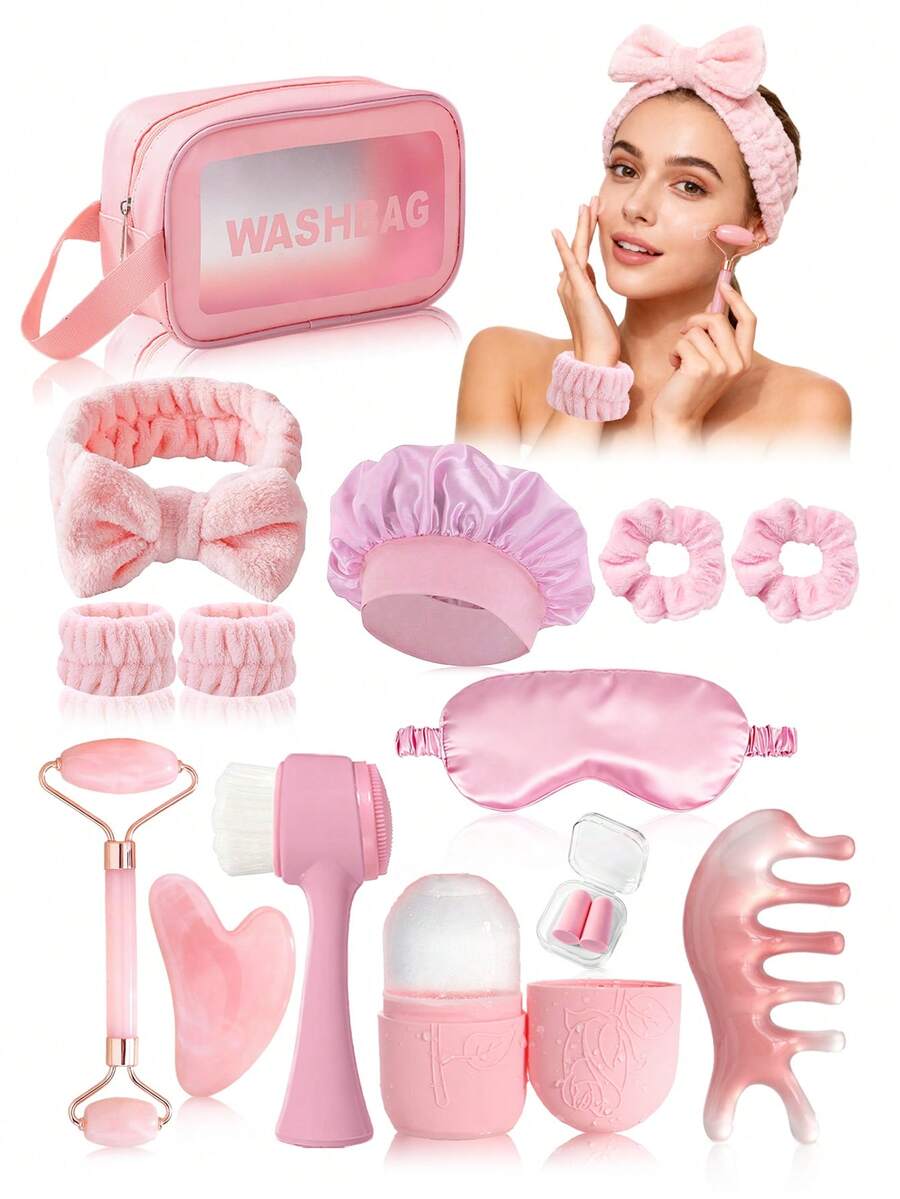 Bộ dụng cụ làm đẹp da mặt massage & làm sạch (3/5/8/14 món), bao gồm: dụng cụ cạo gió Gua Sha, con lăn massage, viên đá lạnh, cọ rửa mặt, máy massage đầu, băng đô, mặt nạ mắt, mũ trùm tóc, dây buộc tóc, túi đựng - Thích hợp làm quà tặng cho phụ nữ, sinh viên, các bà mẹ, chị em gái. - Nhiều màu - Xem 1