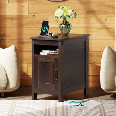 Set Of 2 Narrow End Tables With Charging Station, Side Tables For Small Spaces, USB Ports & Outlets, Nightstands With Storage For Living Room & Couch