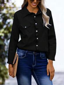 Women's Olive Green Long Sleeve Button Down Shirt - Chest Pocket Regular Fit Casual Daily Blouse Top - 黑色 - 查看 3