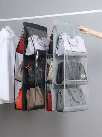 1个双面多层透明防尘布艺挂式收纳袋，适用于衣柜、包袋收纳