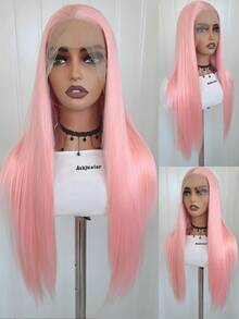 websterwigs 24 Inch Long Straight Pink Synthetic Lace Front Wig, No Glue Needed, Fashionable For Women, Halloween - Multicolor - View 14