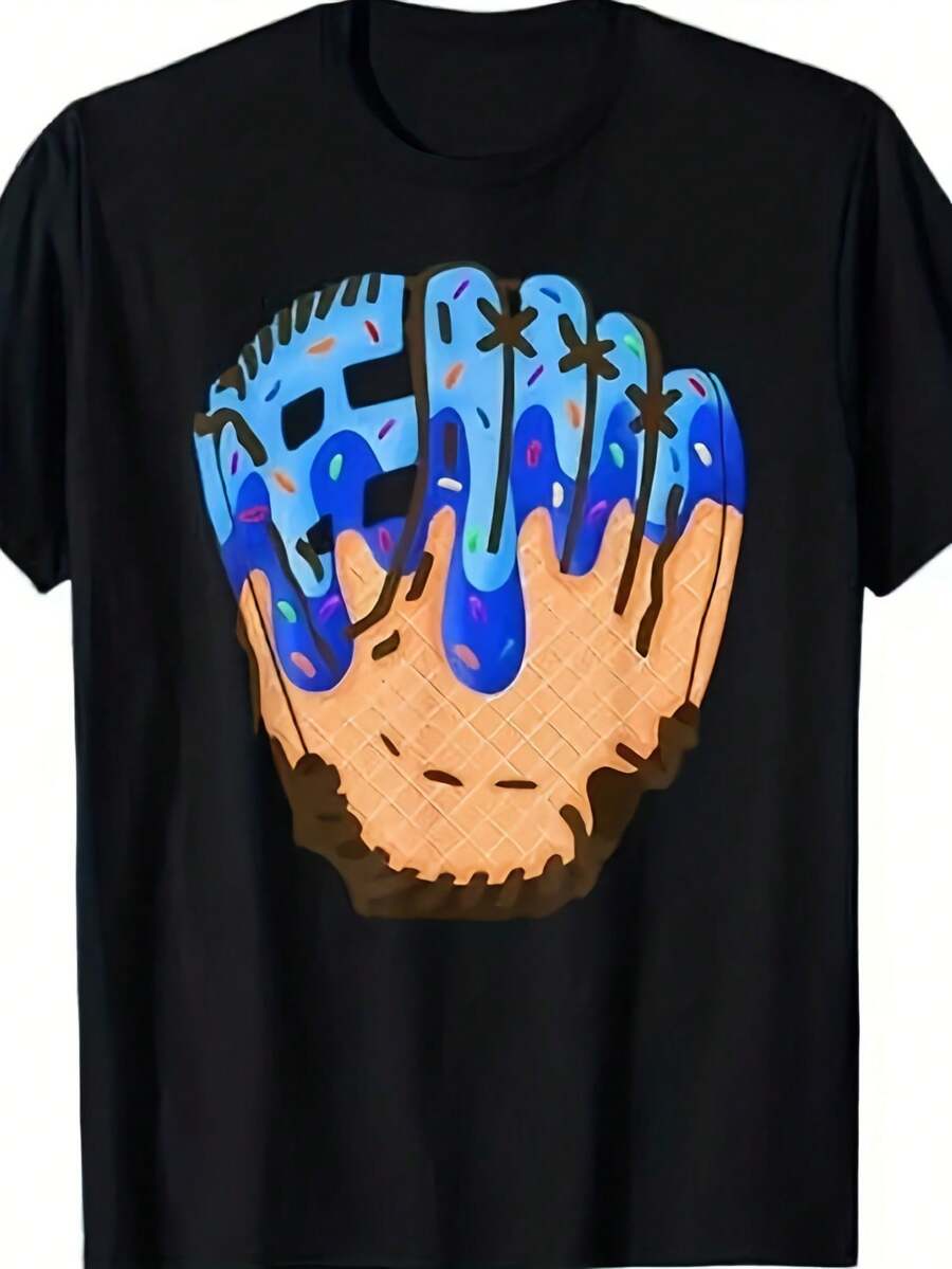 Ice Cream C0ne Baseball Glove Dr1p T Shirt 1 pieza Camiseta con estampado de letras de dibujos animados, 220g de algodón puro pesado 100% Camiseta gráfica unisex - Camiseta de algodón suave para uso diario con diseño de impresión genial para hombres y mujeres. - Negro 24 - Ver 1