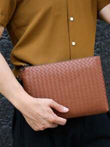 1 pieza Nuevo bolso de mano de hombre de unicolor negro y marrón tejido, de gran capacidad con cremallera, correa de muñeca, portadocumentos, bolsillo para teléfono, monedero, adecuado para negocios, ir al trabajo, viajes