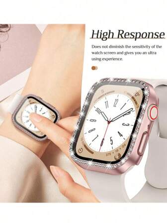 1个粉色男女通用闪亮水钻装饰时尚魅力防摔二合一超薄钢化玻璃屏幕保护膜表壳，适用于表壳38/40/41/42/44/45/46/49毫米，适用于 Series Ultra/SE/11/10/9/8/7/6/5/4/3/2/1，智能手表表壳配件