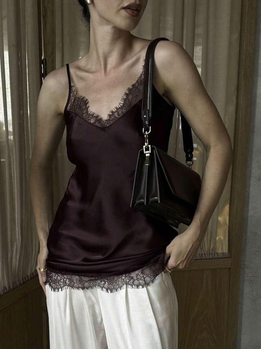 Women Satin Lace Camisole,Sleeveless V Neck Spaghetti Strap Silk Lace Trim Asymmetrical Tank Top,Bridal Lingerie Lace Strapy Babydoll Chemise Nightdress,Birthday Dresses For Women,New Year's Eve Outfit Women,Vestido Corto Elegante,Dinner Outfit,Bachelorette Outfits For Bride - nâu sẫm - Xem 1