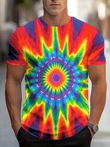Men'S 3D Rainbow Mandala Tie-Dye T-Shirt - Vibrant Multicolor  Print With 60s/70s Retro Style, Soft Fabric, Regular Fit Round Neck For Casual, Festival & Casual Attire - All-Season & Easy Care (Machine Washable) - Statement Tee For Men - - 混合色 - 查看 2