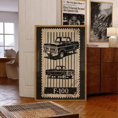 1张无框复古卡车邮票艺术海报，怀旧风格，经典车辆墙面装饰，适用于客厅、卧室、宿舍，个性化海报，房间装饰，墙面印刷品