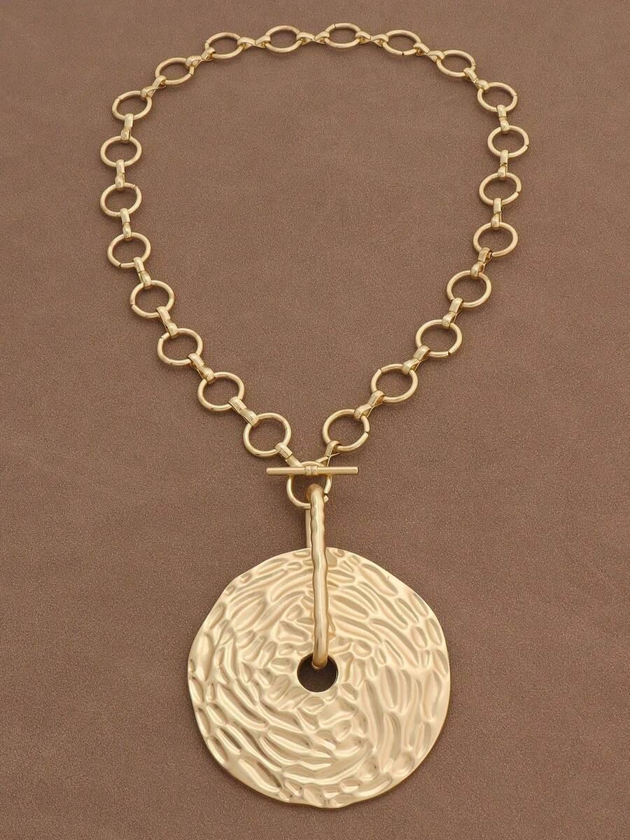 SUPBORA 1pc Fashion Matte Gold/Silver Color Asymmetrical Open Hollow Square Shape Pendant Chunky Chain Statement Necklace Suitable For Women's Daily Wear 18" - Huge Hammered Round - View 1