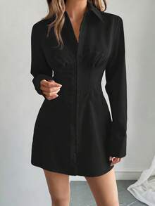 女士时尚修身纯色高端性感派对音乐节服装，女士长袖衬衫 - 黑色 - 查看 7