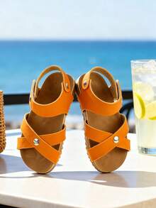 1双女童橙色金属扣交叉可调节踝带软木鞋底防滑平底凉鞋，勃肯鞋风格，色彩鲜艳，适合夏季海滩和户外活动，日常穿着也很合适。 - 橘色 - 查看 5