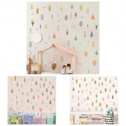 50 Pcs Trees Decals Woodland Theme Trees Wall Stickers, Multicolor Forest Trees Wall Decal, Colorful Woodland Peel And Stick Removable Stickers Bedroom Nursery Window Fridge Decor