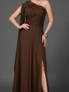 Bridesmaid Dress For Party Guests Reception Graduation Without Shine Cape Sleeve In Fluity - Rỉ Nâu - Xem 2