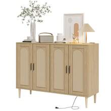 Mueble Auxiliar de Ratán Multifuncional - 4 Puertas con Toma de Corriente, Estantes Ajustables - Ideal para Cocina, Comedor o Pasillo - Estilo Moderno Boho - Caqui - Ver 5