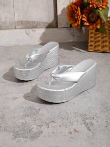 小码女士坡跟人字拖，厚底防滑凉鞋，时尚户外沙滩拖鞋，尽显高端质感 - 銀色 - 查看 7