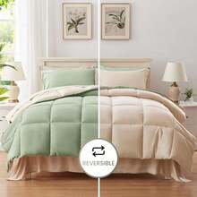 Juego de cama para todas las estaciones con edredón, sábanas y fundas de almohada, color verde salvia - 02 - Salvia y beige-rejilla - Ver 3