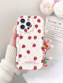 奶油色波浪边亮面草莓彩绘防摔手机壳，配手工串珠草莓吊坠，兼容 16/11/16 Pro/16 Plus/16 Pro Max/16 e/15 Pro Max/13/14/12/XS/XR/7G/8P，兼容Galaxy S25/S25 Plus/S25 Ultra/A16/A36/A26、11/12 Pro/12/12 X/13 Pro/14 Pro/15 Pro，兼容Redmi 10/9/Note9/12c/Note11 Pro/Note8 Pro，国际版，非国内版 - 彩色 - 查看 6