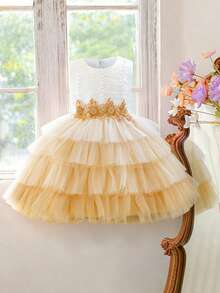 Young Girls' Round Neck Faux Pearl Embroidered Tulle Elegant Piano Recital Dress, Suitable For Birthday Party, Prom, Excluding Headband - Multicolor - View 2