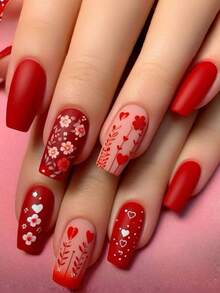 情人节美甲可爱心形美甲纯色美甲24片装按压式美甲假指甲Y2K美甲红色美甲美甲用品 - 紅色 - 查看 1