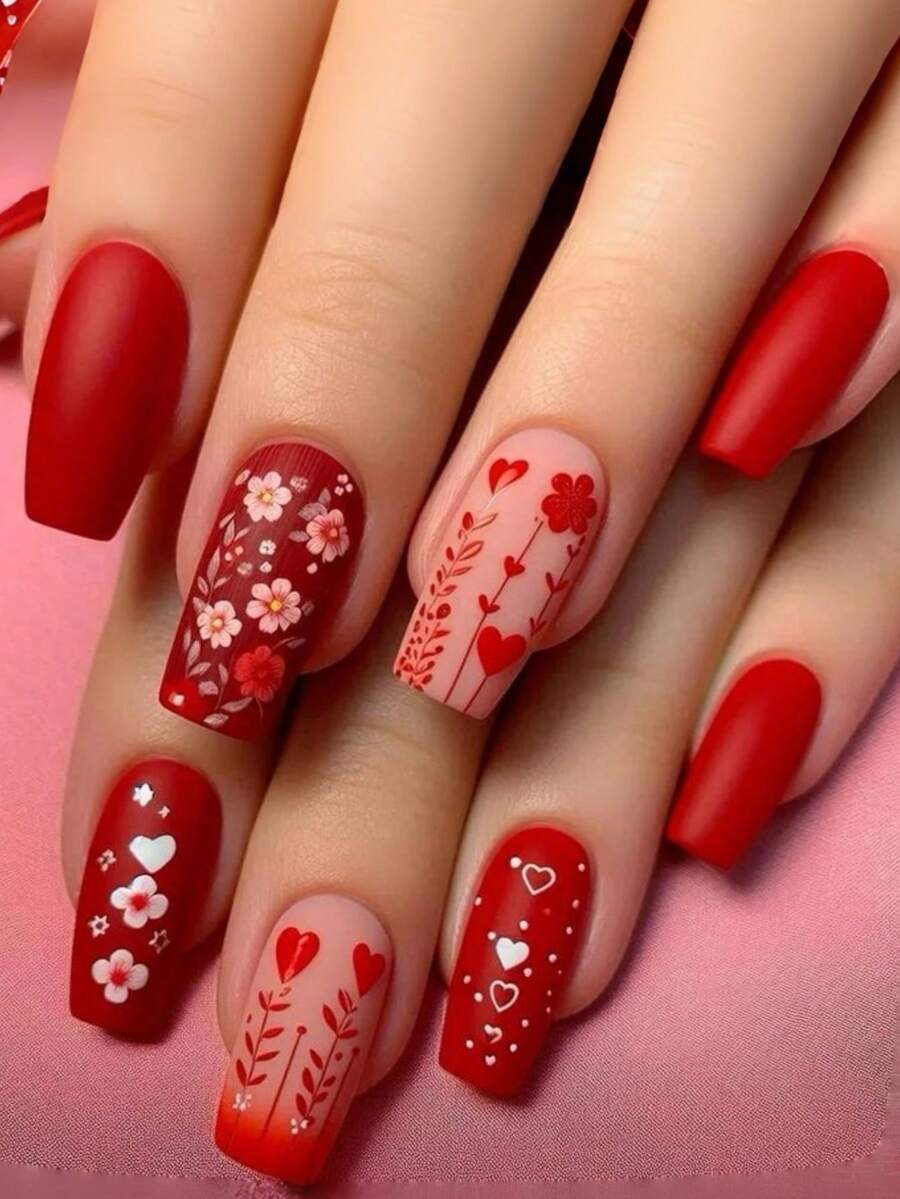 情人节美甲可爱心形美甲纯色美甲24片装按压式美甲假指甲Y2K美甲红色美甲美甲用品 - 紅色 - 查看 1