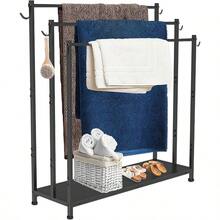 Extra Large Free Standing Towel Rack With Metal Storage Shelf 6 Hooks For Bathroom 3 Tiers Heavy Duty Blanket Drying Stand Holder For Outdoor Pool Bedroom Living Room Black - 黑色 - 查看 1