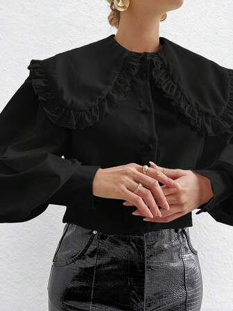 Elegant enfärgad blus med volangkrage och långärmad dammodell, lämplig för dejter, fester, business, casual, alla hjärtans dag