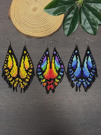 手工长串珠流苏耳环，彩色蝴蝶耳环，波西米亚风时尚首饰，昆虫耳环（女士），百搭休闲配饰，音乐节耳环