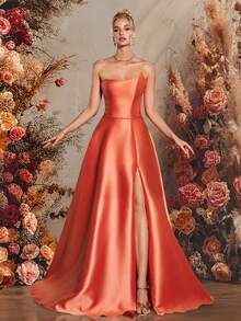 VIPGIRL Vestido de Festa Longo de Cetim Coral Sem Alças com Fenda Alta - Vestido de Formatura Elegante para Ocasiões Especiais