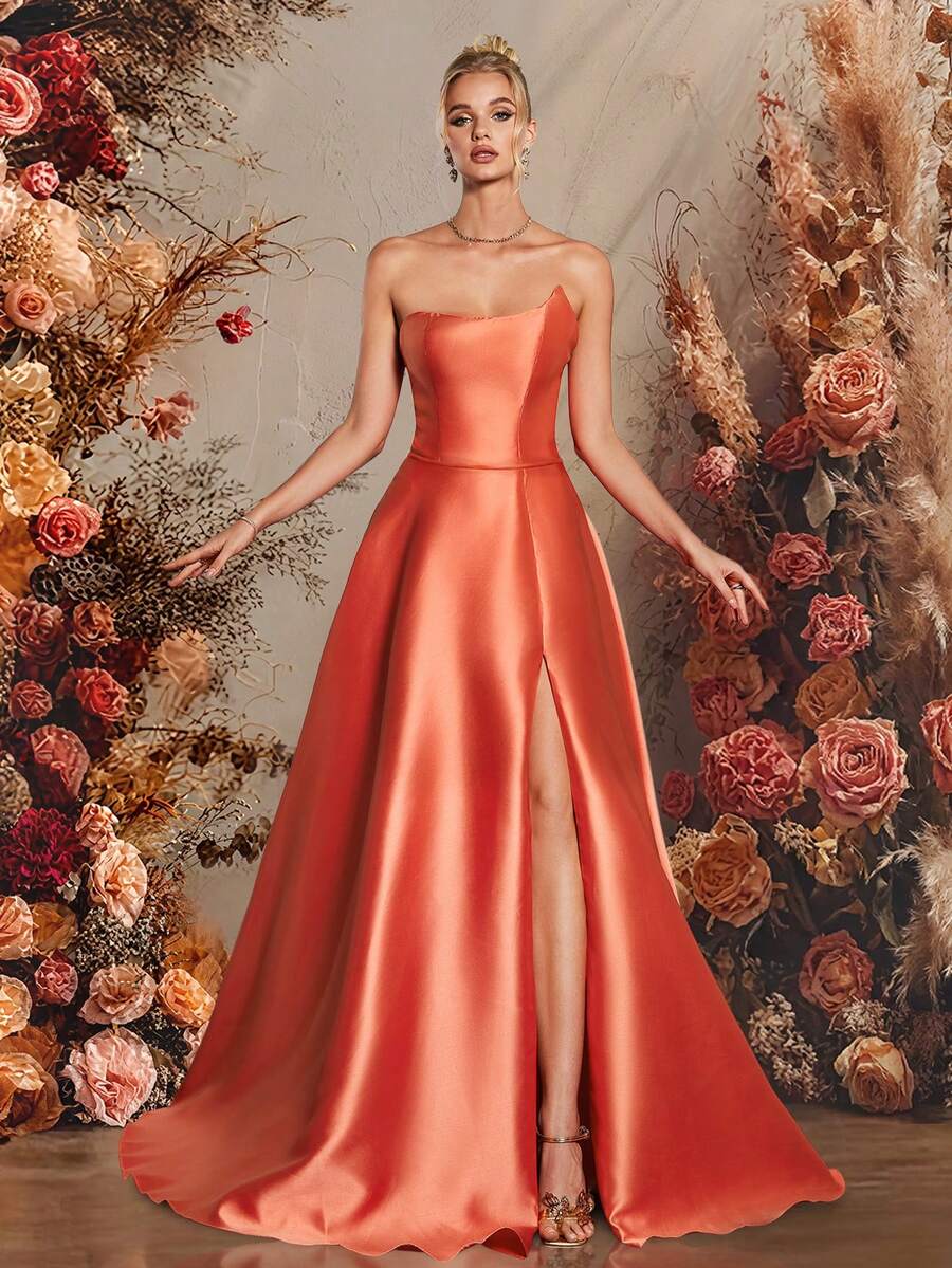 VIPGIRL Vestido de Festa Longo de Cetim Coral Sem Alças com Fenda Alta - Vestido de Formatura Elegante para Ocasiões Especiais