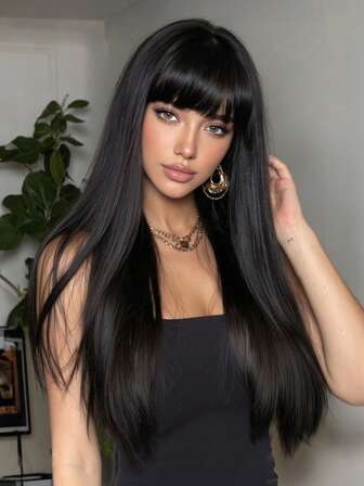 Black Long Straight Wigs For Women, Natural Black Synthetic Wigs With Bangs, Elegant Beautiful Natural Looking Heat Resistant Synthetic Wig Daily Party Use