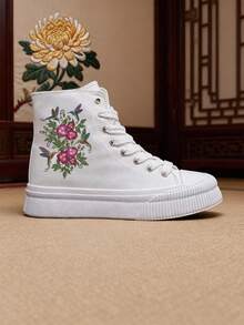 2D Blumen Stickerei bequeme Lässig Flache Schuhe, Schwarz & Weiß, Abriebfest, geeignet für Herbst/Winter Alltagstragen - Weiss - Übersicht 2