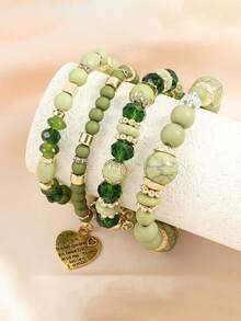 4 exquisitos y modernos colgantes de aleación con cuentas en color verde oliva. Este conjunto de pulseras de cuentas para mujer es ideal para uso diario, eventos informales, banquetes y fiestas. - Verde - Ver 7
