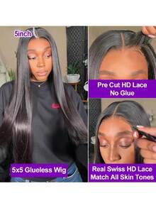 Put And Go Glueless 5*5 Lace Closure Wig And 13X4 13*6 Lace Front Straight Wig For Women Pre Plucked Remy Glueless Brazilian HD Transparent Lace Frontal Wig 200% Density Long Length Human Blended Hair Lace Wigs Natural Black Color - Natural & Black - View 3
