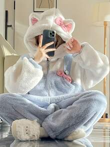 Bata de mujer con diseño lindo de gato de peluche, pijama con lazo azul y blanco de gato, bata de baño suave de peluche con diseño de dibujos animados, bata con capucha de manga larga forrada térmicamente para mujer con detalles de lazo rosa, ropa de dormir cálida para primavera/invierno con bolsillos, ropa de dormir linda, ropa de estar en casa cómoda, diseño juguetón, textura suave, ropa de casa de invierno de mujer de manga larga con talla grande, artículos esenciales de invierno, perfecta para Año Nuevo - Multicolor - Ver 2