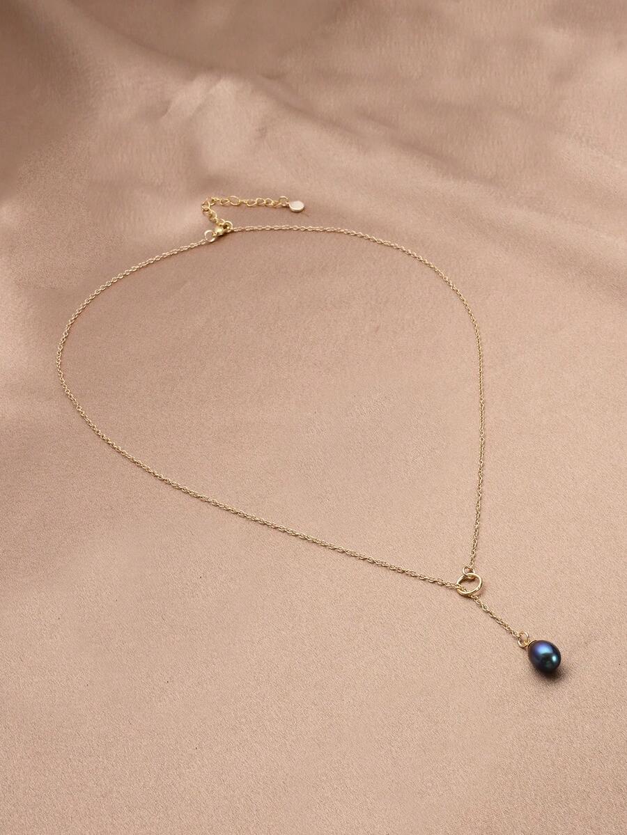 1pc 18K Gold Plated Natural Pearl Y-Necklace, Gift For Mother's Day, Valentine's Day, Birthday - Black - View 1