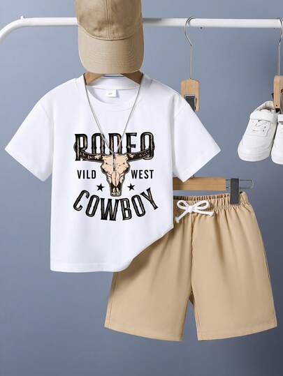 Toddler Cartoon Print Short Sleeve T-Shirt And Shorts Summer Outfit