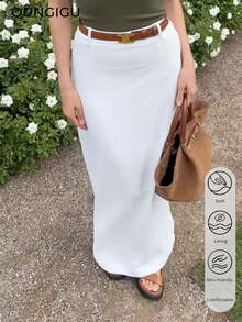 QUNGIGU Falda larga de cintura alta de línea A, de unicolor, básica, con dobladillo dividido, cómoda y casual - Blanco - Ver 4