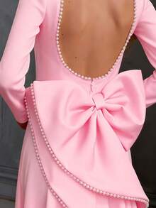 Đầm maxi dài tay màu trơn cho nữ, đính nơ và ngọc trai giả, hở lưng, thanh lịch, màu hồng, thích hợp cho đám cưới, tiệc mùa xuân. - Hồng - Xem 5