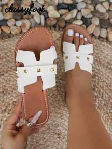 1 Pair Fashion Wide Fit Stud Snakeskin Print Flat Sandals, Summer Vacation Style Beige Slide Sandals