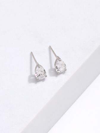 1 par de pendientes de botón con forma de lágrima de material de cobre y circonita, accesorio casual y de uso diario para mujeres